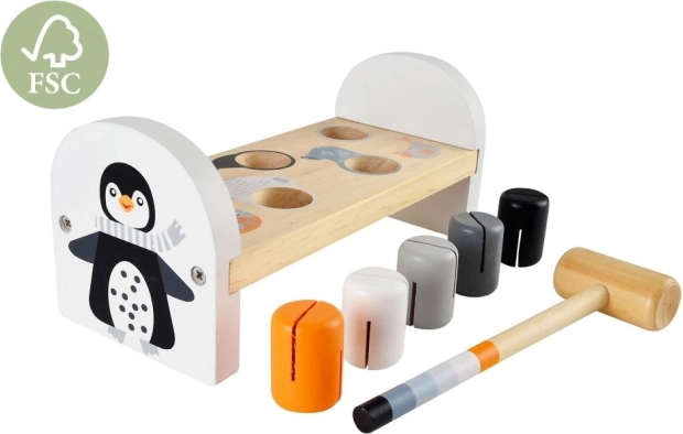 Banc à marteler en bois avec pingouin