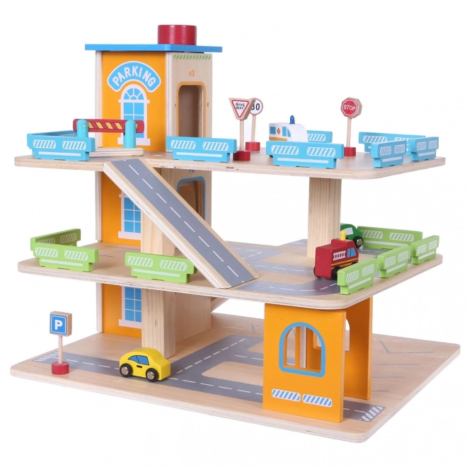 Piste de garage en bois avec ascenseur + petites voitures Ecotoys