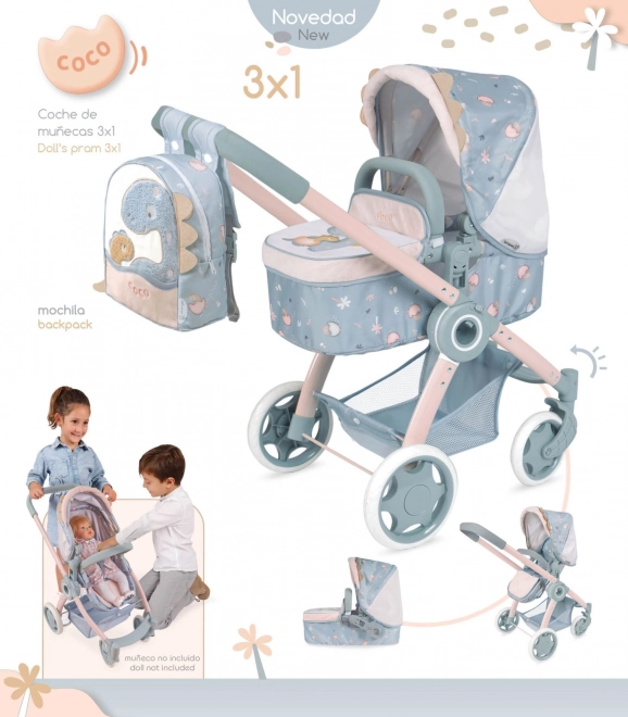 DeCuevas 80580 Poussette pliable pour poupées 3 en 1 avec sac à dos COCO 2024 - 70 cm