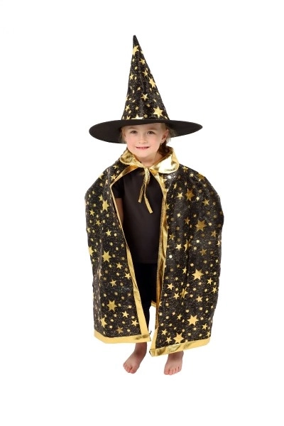 Chapeau de sorcier + cape pour enfants diamètre 38cm noir-doré en sac de carnaval
