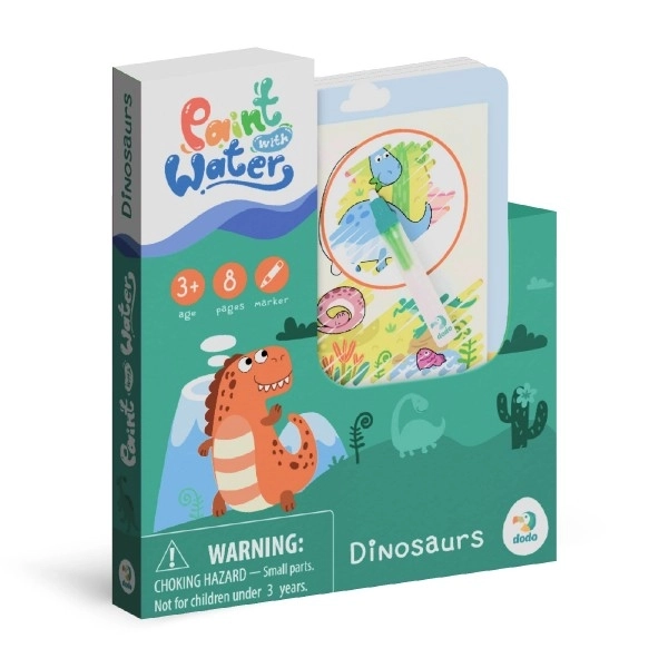 Coloriage magique à l'eau Dinosaures carnet 12x14cm + pinceau 8 pages dans une boîte