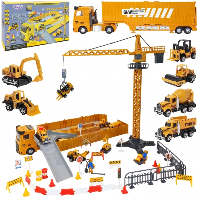Woopie ensemble de construction avec camion 6en1 avec grue et accessoires