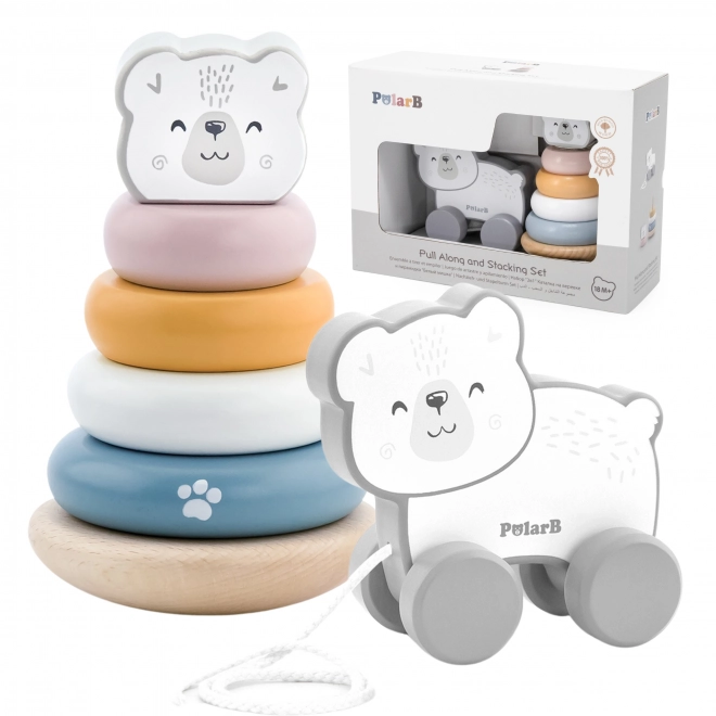 Viga PolarB set en bois ours polaire : pyramide et ourson à tirer