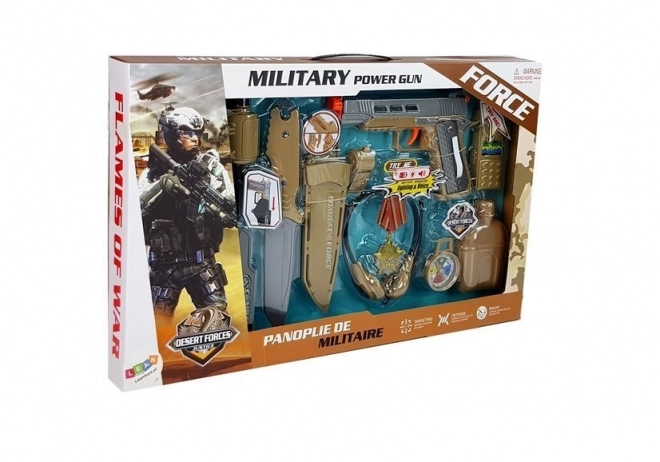 Ensemble militaire avec accessoires Pistolet Couteau Jumelles Écouteurs Sifflet Radio à ondes courtes Couleur vert clair