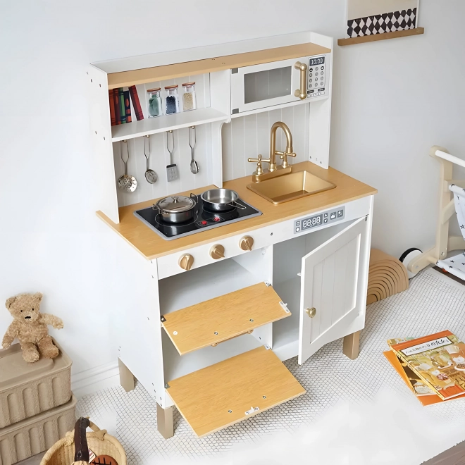Cuisine en bois pour enfants avec sons et LEDs, grande, avec placards ouvrants et 7 accessoires, ECOTOYS