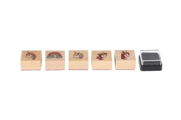 Tampons en bois 5+1 avec coussin 23 licornes 3x3cm sur carte