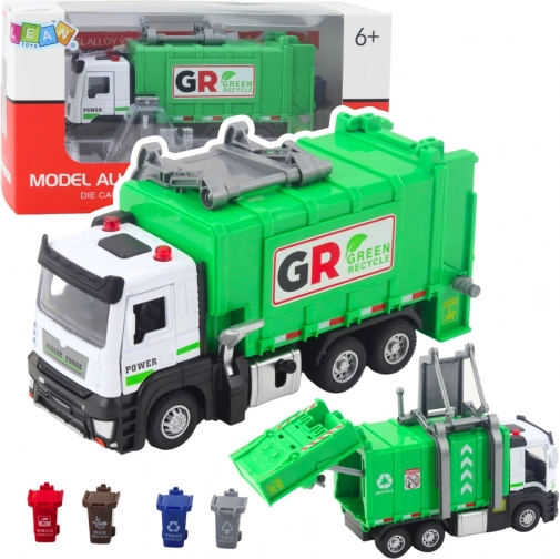 Camion benne à ordures à friction, avec lumières et sons – 4 bacs de tri, vert