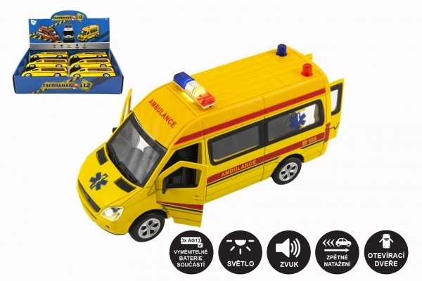 Auto ambulance métal/plastique 15cm à piles avec lumière et son à remontage arrière 6pcs en boîte