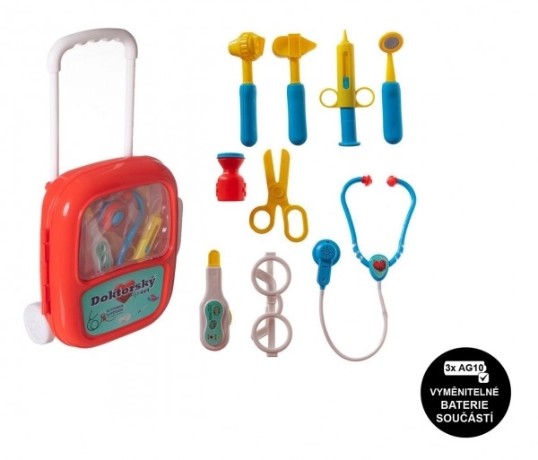 Ensemble de docteur avec stéthoscope dans une valise à roulettes