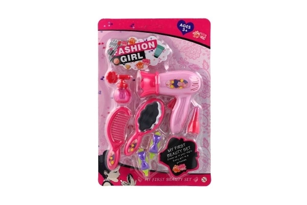 Ensemble de beauté/Petite coiffeuse avec sèche-cheveux et accessoires en plastique 2 types sur carte 18,5x27,5 cm 12pcs en boîte