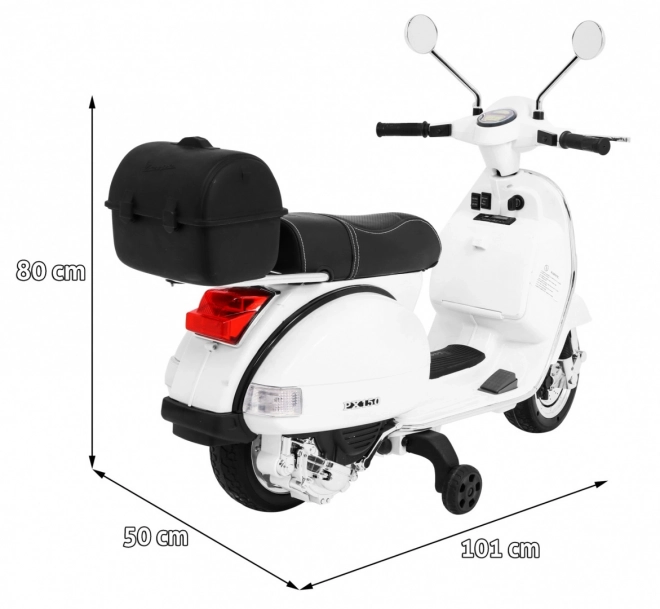 Scooter électrique pour enfants Vespa blanc avec roulettes auxiliaires, audio et similicuir
