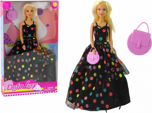Poupée DEFA LUCY en longue robe noire à pois multicolores