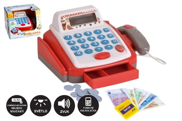 Petite caisse enregistreuse numérique en plastique 18 cm avec accessoires sur piles avec son et lumière dans une boîte de 22x15x18 cm