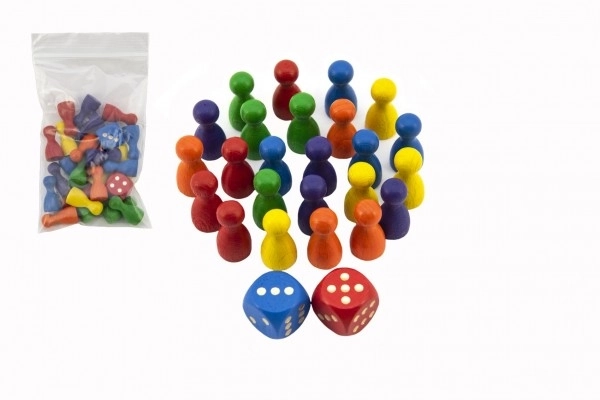 Figurines en bois 25mm 24pcs 6 couleurs + 2 dés jeu de société en sachet 7x13cm