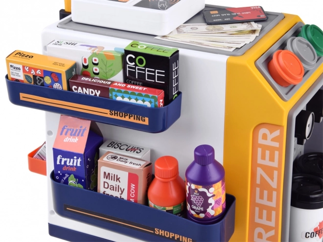 Magasin libre-service avec machine à café et réfrigérateur