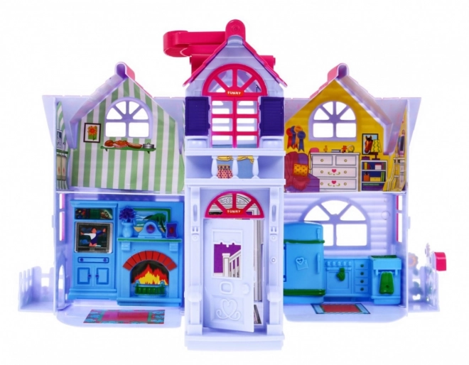 Maison de poupées pliable 3+ Violet + figurines de famille + chien + meubles + 2 étages