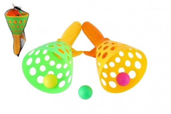 Jeu de catch ball/attrape-balles 2 pièces plastique 19cm + 3 balles dans un filet