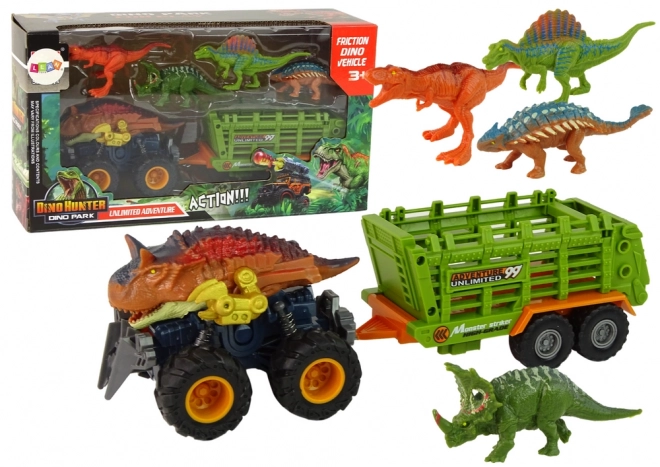 Véhicule dinosaure avec remorque et 4 figurines de dinosaures