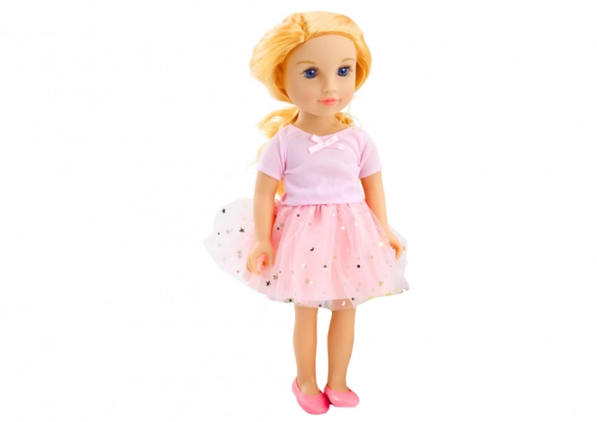 Poupée en robe rose avec jupe en tulle et cheveux blonds