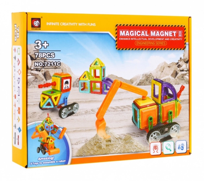 Cubes magnétiques de construction + roues + bras de pelleteuse - 78 pièces