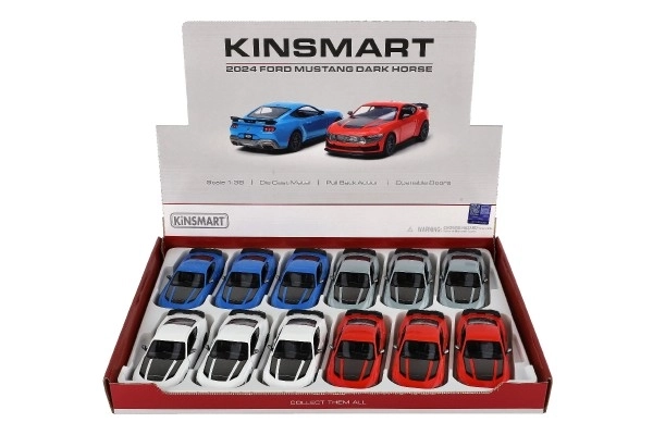 Voiture Kinsmart 2024 Ford Mustang Dark Horse 1:38 métal/plastique 12,5cm 4 couleurs à remontoir 12pcs en boîte