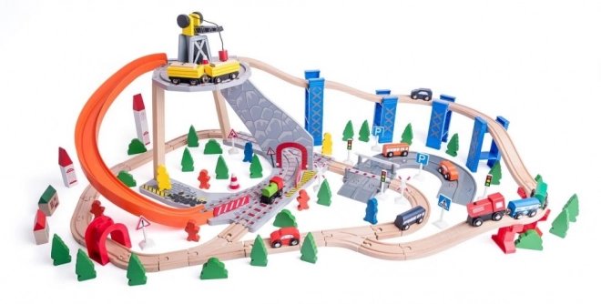 Ensemble de trains en bois avec grue 130 pièces