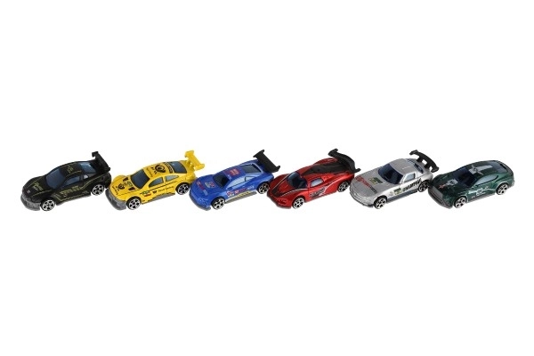 Voiture de course 6 pièces métal/plastique 8cm en roue libre dans une boîte 10,5x27x4cm