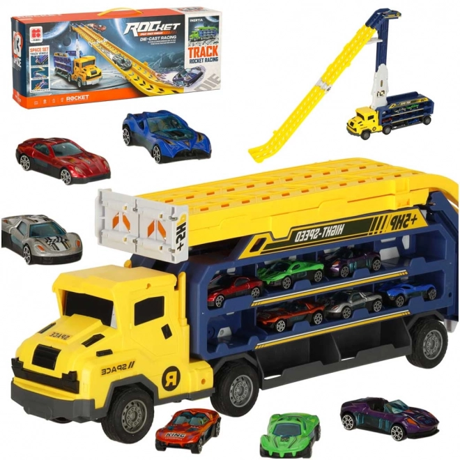 Circuit automobile jaune avec transporteur - 6 pièces