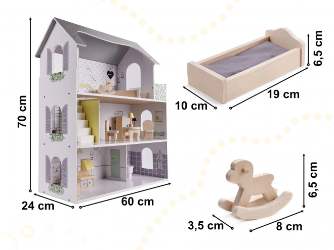 Maison de poupée avec meubles en bois gris