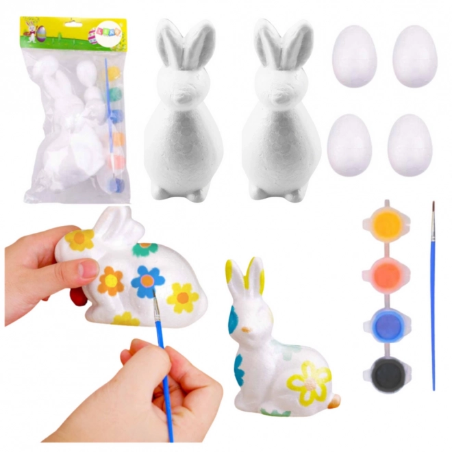 Ensemble pour peindre des décorations en polystyrène 2 lapins et 4 œufs avec peintures