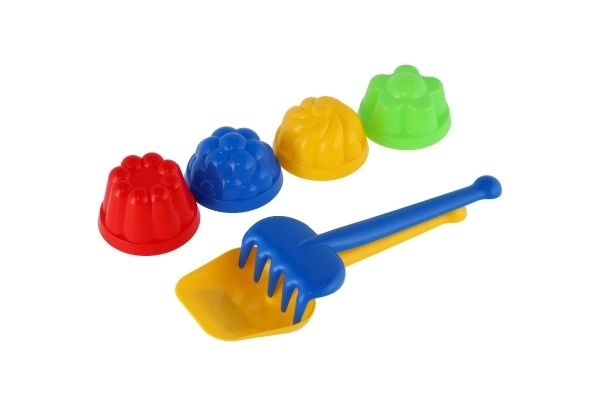 Ensemble de sable en plastique avec pelle, rateau, 4 moules en filet