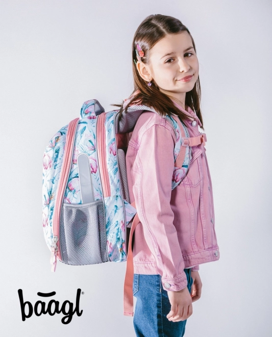 Cartable d'école avec raton laveur et motif floral