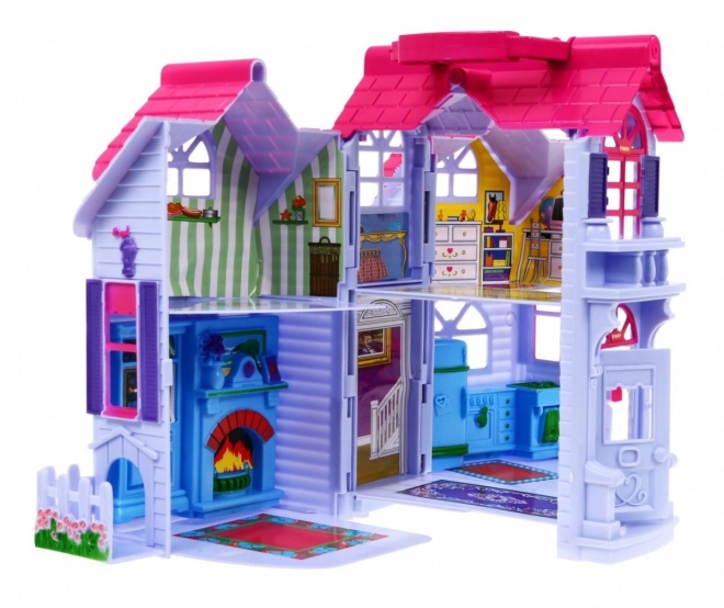 Maison de poupées pliable 3+ Violet + figurines de famille + chien + meubles + 2 étages