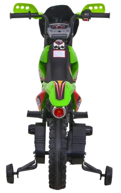 Moto cross électrique pour enfants à batterie – verte, avec roulettes stabilisatrices et feux LED