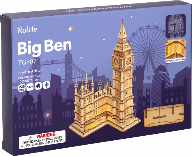 Puzzle 3D en bois RoboTime Tour de l'horloge Big Ben éclairée