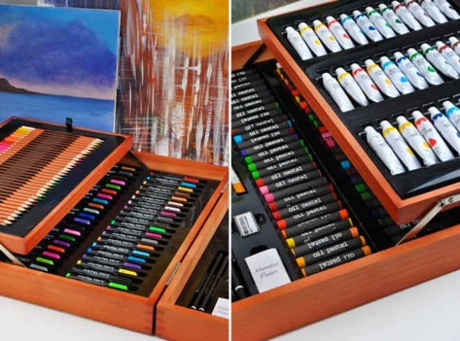 Grande trousse en bois pour petits artistes 174 pièces