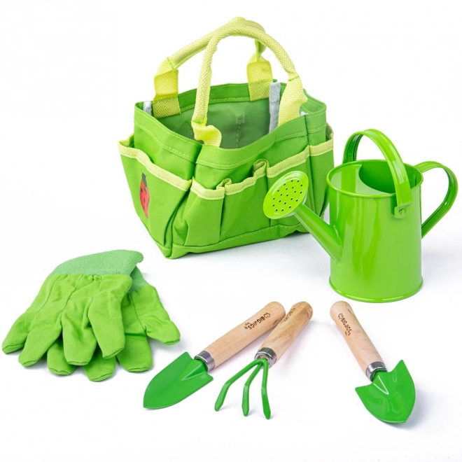 Bigjigs Toys Ensemble d'outils de jardinage dans un sac en toile vert