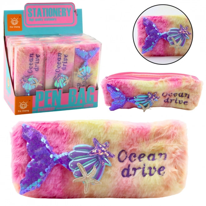 Trousse en peluche avec queue de sirène, rose-violet avec paillettes
