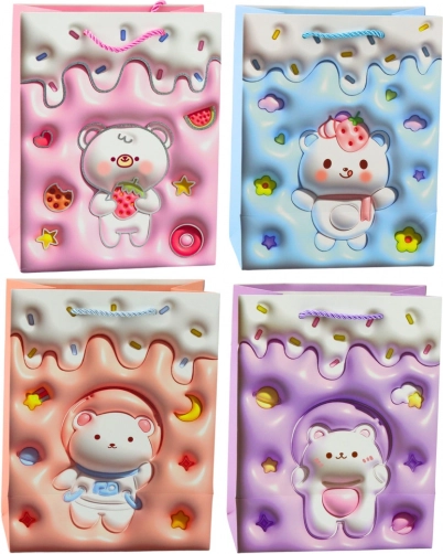 Sac cadeau en papier avec ourson, couleurs pastel 23 × 18 × 10,5 cm