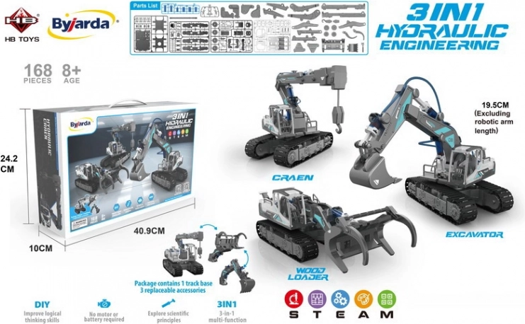 Kit de construction 3-en-1 machines de chantier hydrauliques pour enfants 8+, 168 pièces