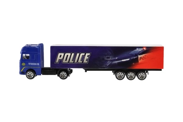 Camion avec remorque métal/plastique 20cm à mouvement libre assortiment de types en boîte plastique 20x5x3cm
