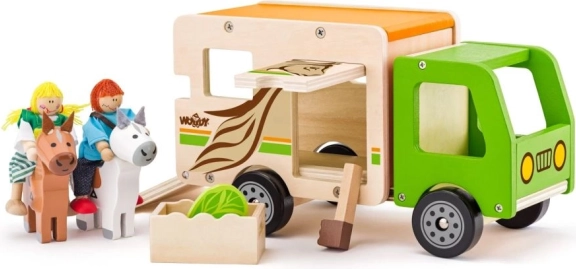 Transporteur de chevaux en bois avec rampe et figurines