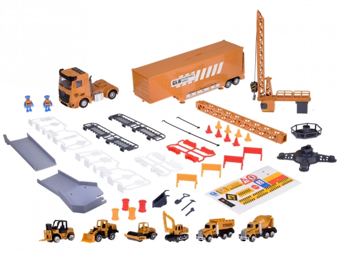 Ensemble interactif camion avec remorque dépliable, grue et chariot élévateur