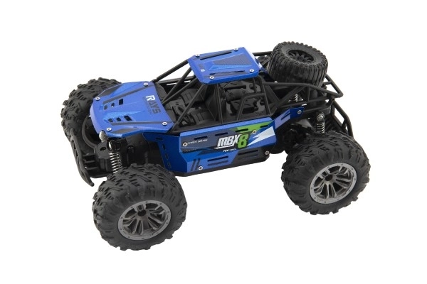 Buggy RC tout-terrain bleu 22cm plastique 2,4GHz sur batterie + pack rechargeable en boîte 32x16x18cm