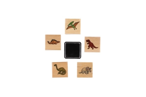 Tampons en bois 5+1 avec coussinet dinosaures 3x3cm sur carte