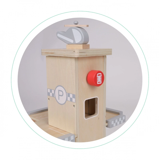 ECOTOYS Grande garage en bois avec ascenseur et petites voitures