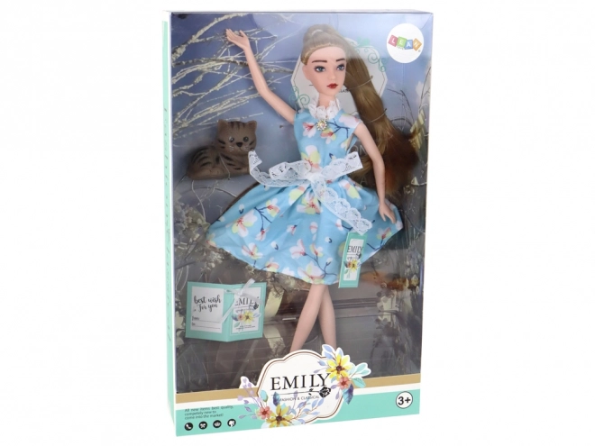 Emily Poupée Bébé Printemps Cheveux Longs Robe Bleue Chat