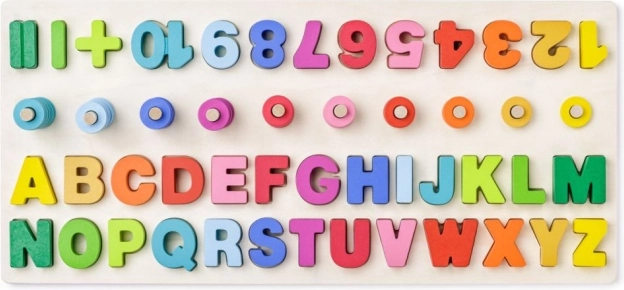 Planche éducative en bois avec lettres et chiffres + symboles mathématiques