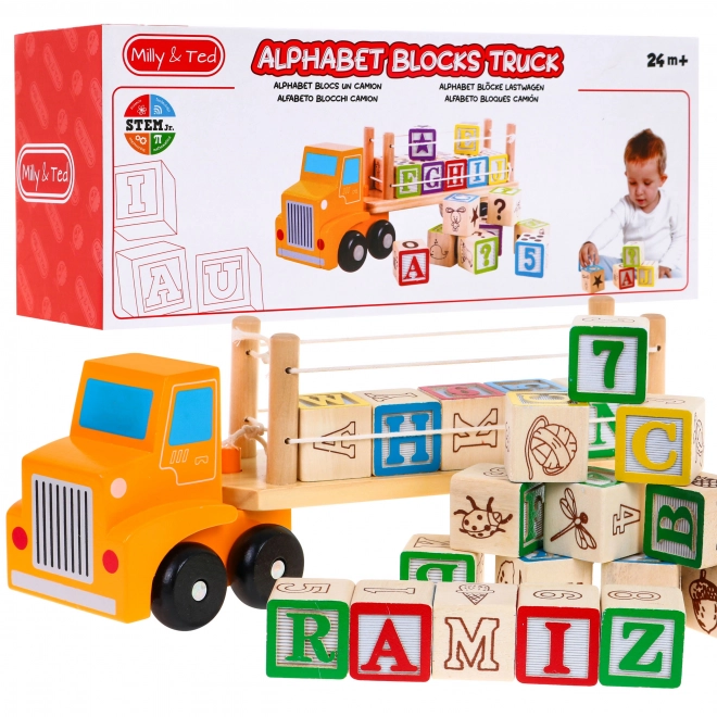 Camion en bois avec remorque et blocs pour enfants 2+ Jouet éducatif + blocs avec lettres et chiffres