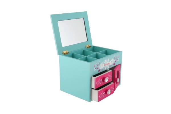 Boîte à bijoux Princess 3 tiroirs avec dessus rabattable et miroir bois 16x12,5x12cm en boîte